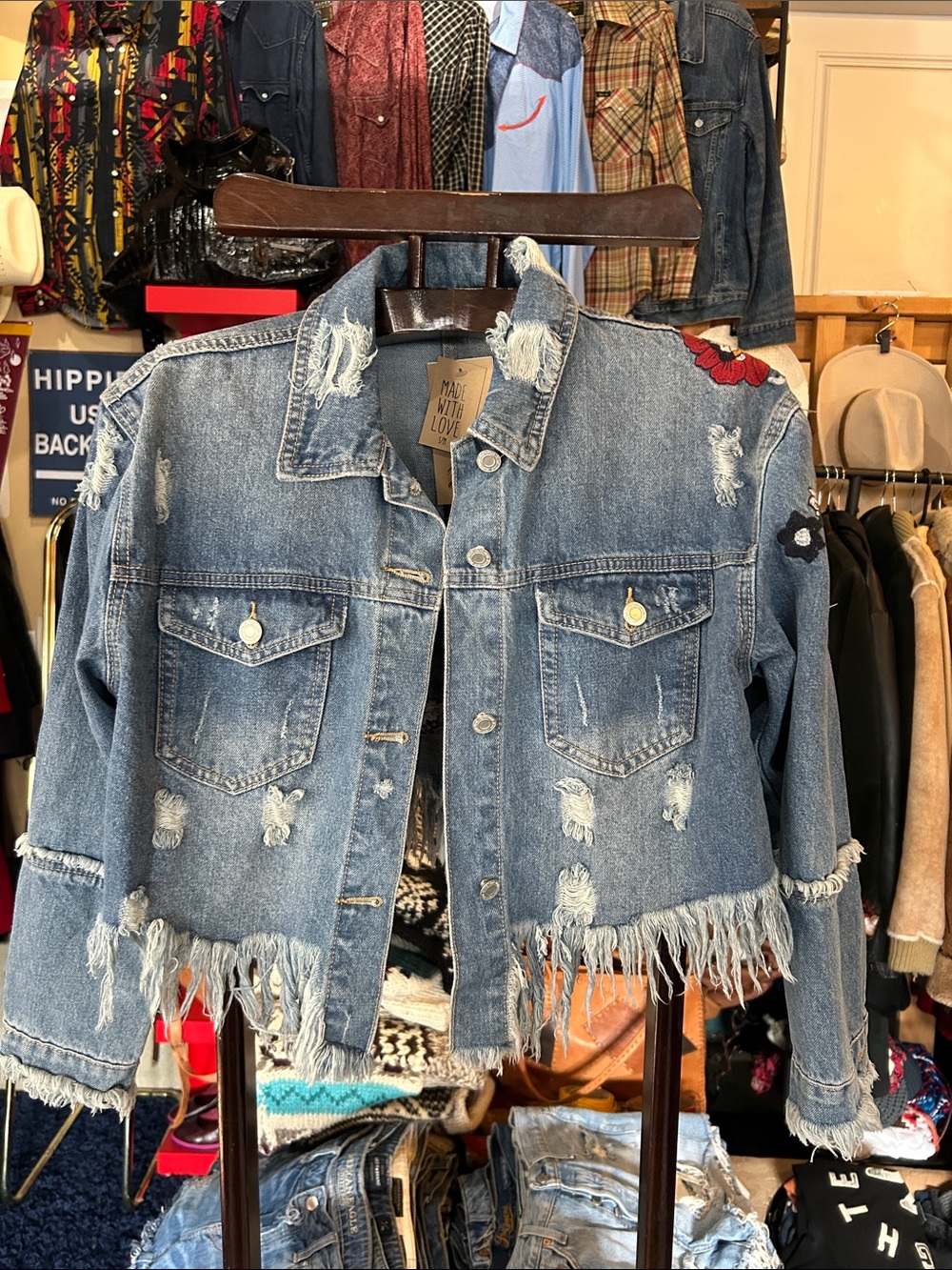 Women's Distressed Cropped Denim Jacket - Blue